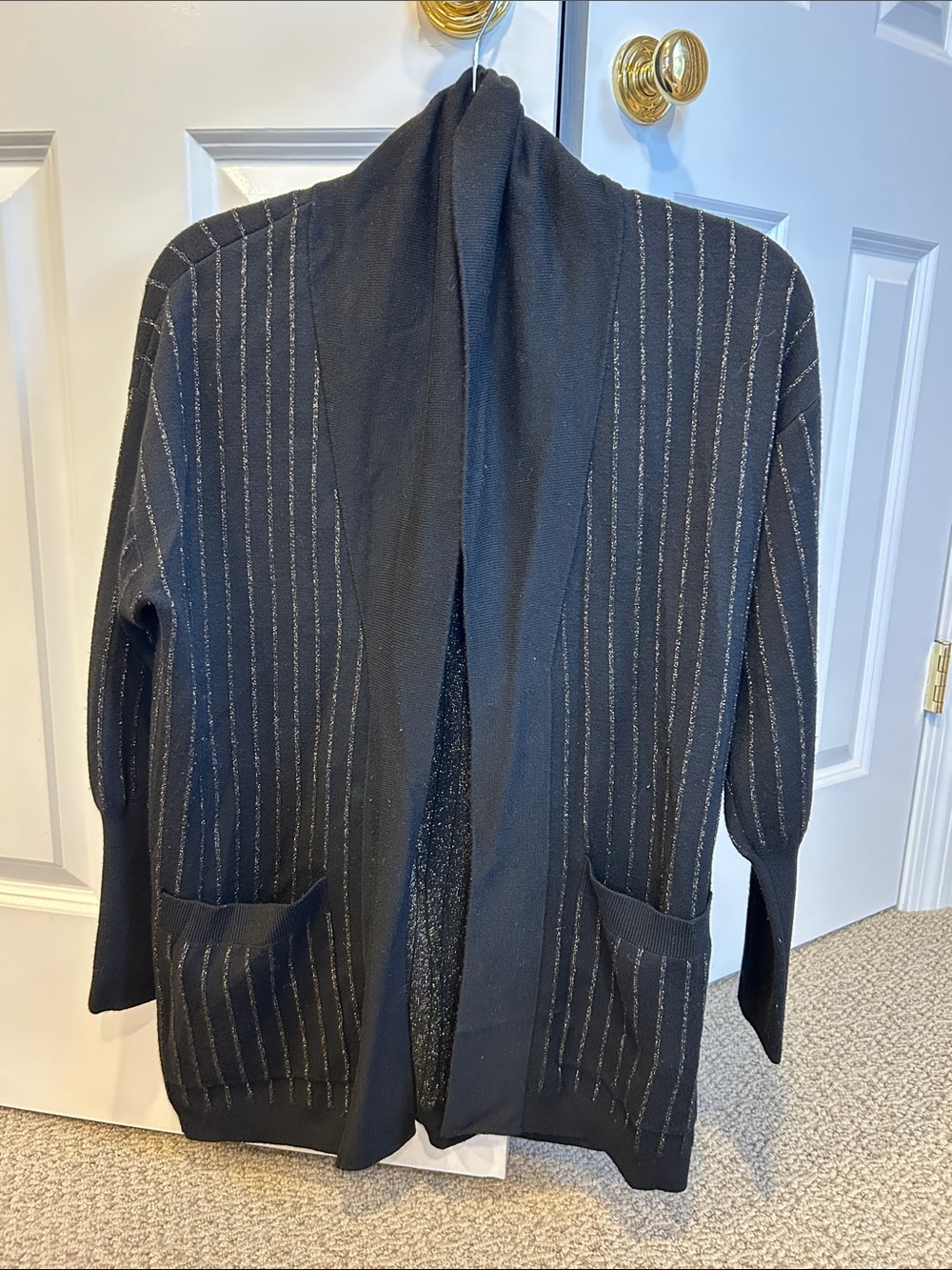 sundays Black Open-Front Cardigan with Metallic Pinstripes